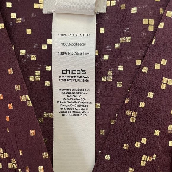 Chico's Shirt Womens Size 2 (Large) Maroon Metallic Gold Sheer Lightweight Top - Picture 5 of 8